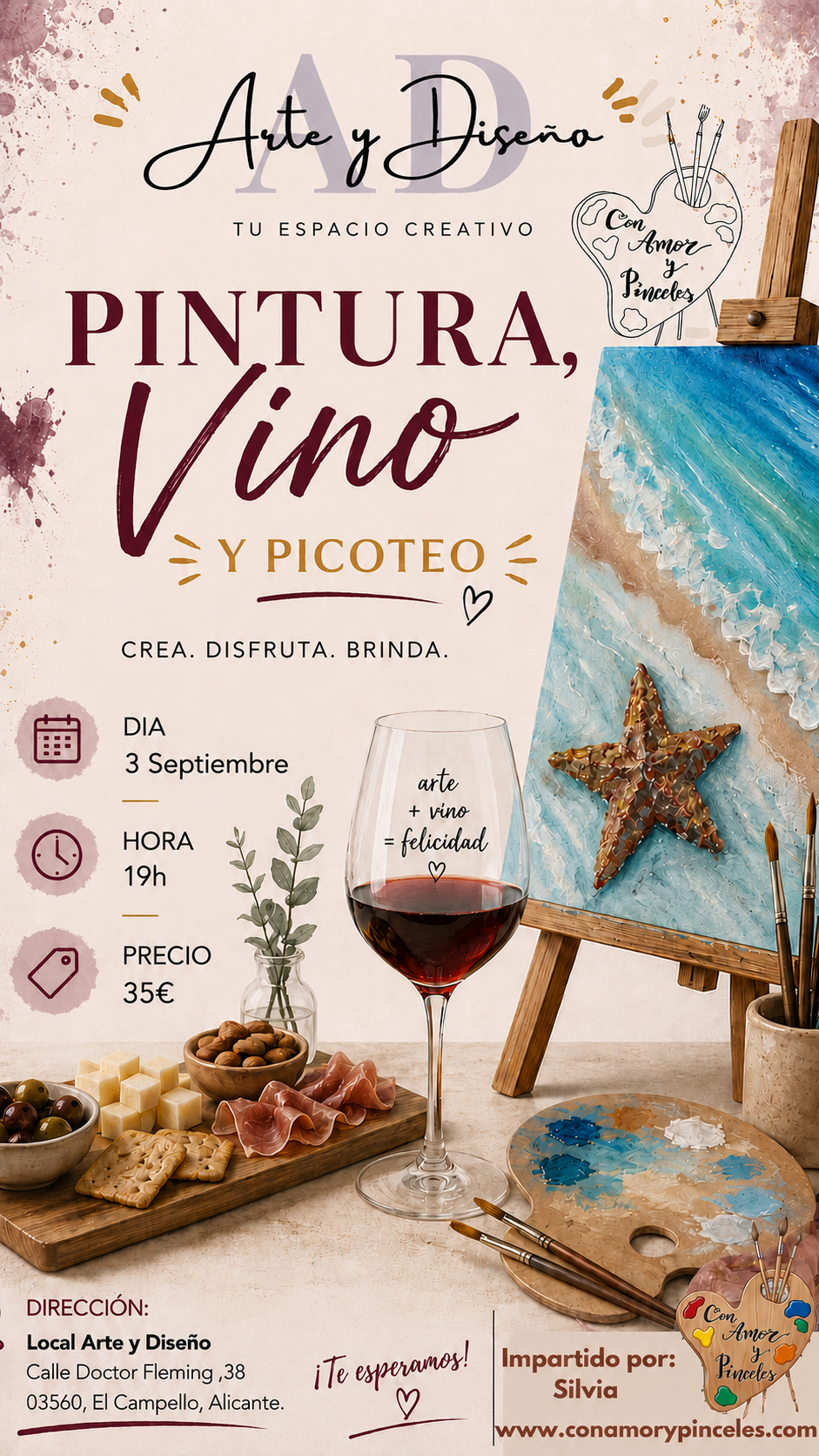 Taller Pintura, vino y picoteo del 3 de septiembre
